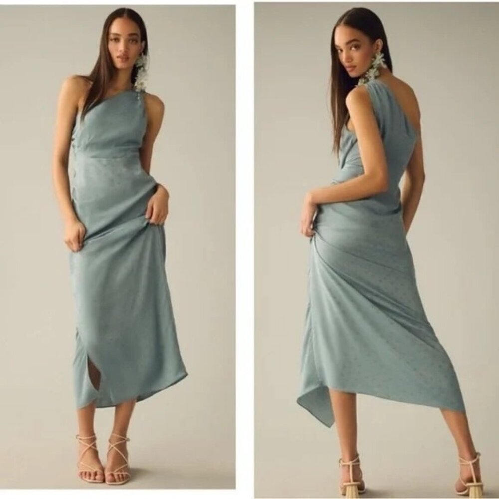 🆕FAVORITE DAUGHTER The Singles Table One Shoulder Dress Gown Polka Dot Blue 2 - Picture 6 of 16